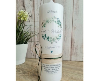 Wedding candle Eucalyptus / 25 x 7 cm / With names, wedding date & wedding motto /