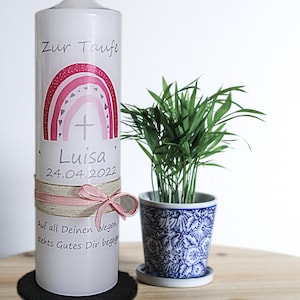 Baptismal candle communion candle rainbow - Luisa - cross, name, date and baptismal saying - baptismal candle girl pink