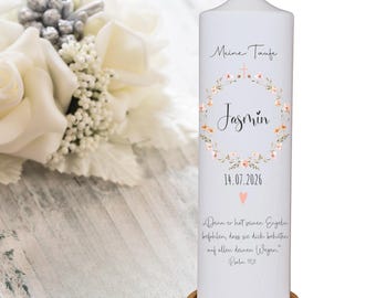 Christening candle for girls, natural flowers - jasmine - Personalized christening candle for girls, pink, cross, heart, natural colors, with name, date and saying