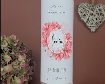 Communion candle with pink flowers - Julia - Baptismal candle with pink cross - Communion candle for girls, Confirmation candle with name and date, Communion gift