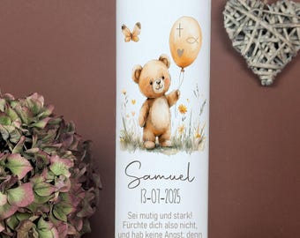 Christening Candle Bear - Samuel - Personalized christening candle for girls and boys, natural colors, with name, date and saying