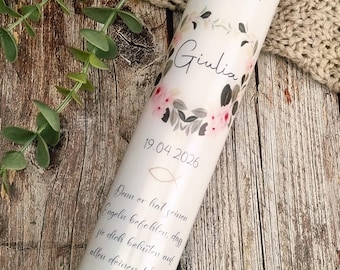 Communion candle with flowers - Giulia - My baptism, flower wreath roses eucalyptus nature for girls, name, date, saying