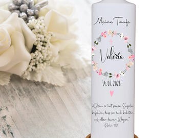 Christening candle with flowers and shells - Valeria - Personalized christening candle for girls, pink, cross, heart, natural colors, with name, date and saying