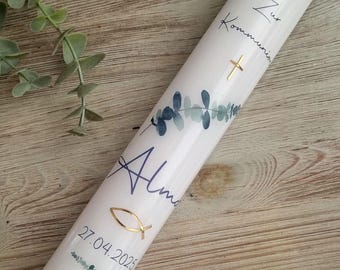 Communion candle with eucalyptus branch - cross and fish, baptismal candle, communion candle, confirmation candle for girls & boys - personalized with name and date