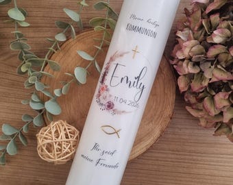 Communion candle with floral wreath, boho style "Emily" - pastel leaves, natural floral wreath for girls | Confirmation candle | Christening candle, personalized