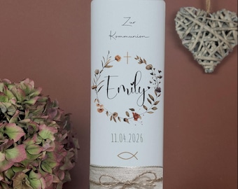 Baptism candle, Communion candle, flowers - Emily - My Baptism, flower wreath, wildflowers, nature for girls and boys, name, date, saying