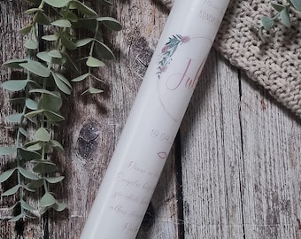 Personalized communion candle with floral wreath in antique rose – baptismal candle for girls with name & date – modern first communion candle – handmade