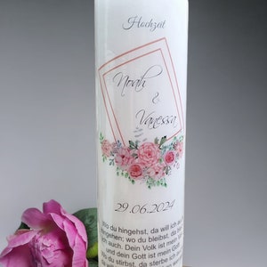 Hochzeitskerze - Blumen Rahmen / 7 x 25 cm / Mit Namen, Hochzeitsdatum und Trauspruch / Traukerze