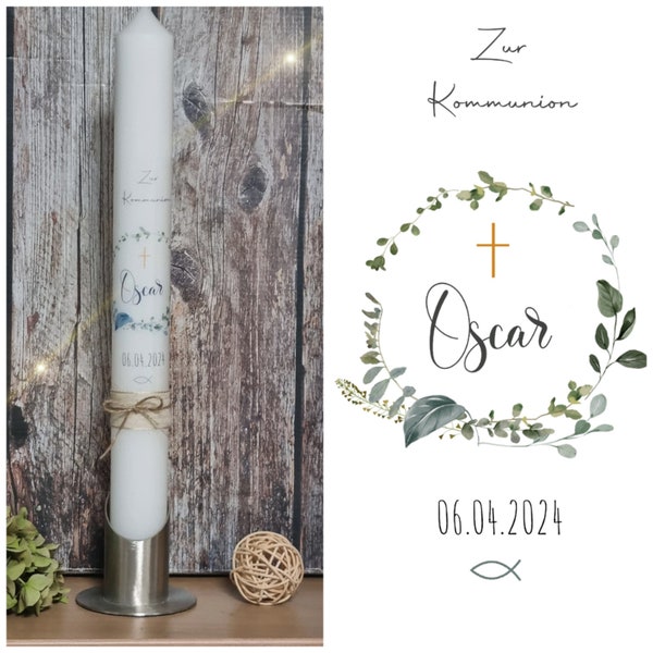 Kommunionkerze Junge Blumenkranz - Taufkerze - "Oscar" - Kommunionkerze Mädchen & Jungen -   Konfirmationkerze mit Name und Datum