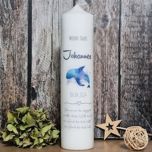 Baptism candle, communion candle whale &quot;Johannes&quot; for girls & boys, inscribed with name, date and baptismal saying. Baptism candle whale
