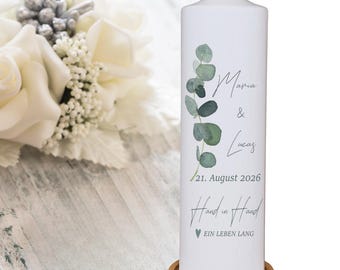 Wedding candle - Eucalyptus branch, 25 x 7 cm / Personalized with names, wedding date & wedding vows / Wedding candle