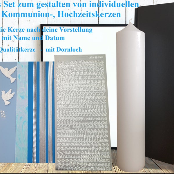 BASTELSET für Taufkerze, Kommunionkerze, Hochzeitskerze - DIY-SET Kerzen, mit Altarkerze, Wachsplatten und Beschriftung