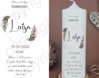 Communion candle with floral wreath, pink "Luisa" - pastel leaves, natural floral wreath for girls | Confirmation candle | Christening candle, personalized