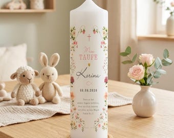 Personalized christening candle with flowers - Korina – Modern christening candle with name, date & christening verse