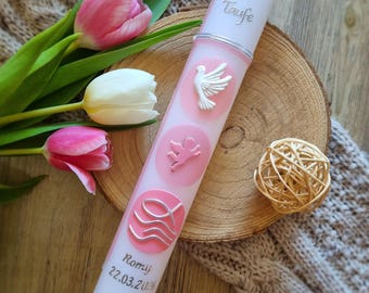 Baptismal candle for girls made of wax in pink | Baptismal candle | with Christian symbols: dove, cross, fish | available in various sizes