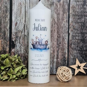 Baptism candle Noah&#39;s Ark &quot;Julian&quot; for boys and girls inscribed with name, date and baptismal saying.