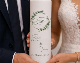 Eucalyptus Wedding Candle / 25 x 7 cm / Personalized with Names & Wedding Date | Wedding Candle - Wedding Gift