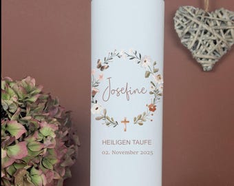 Baptism candle, Communion candle, flowers - Josephine - My Baptism, flower wreath, wildflowers, nature for girls and boys, name, date, saying