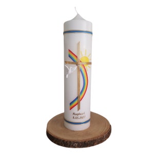 Baptism Candle Rainbow Boy, Communion Candle Boy, with Wax Motif, Personalized with Name and Date