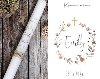 Kommunionkerze Konfirmationkerze Taufkerze Blumen - Emily - Blätter Pastell Blumenkranz Natur für Mädchen und Jungen, Name und Datum