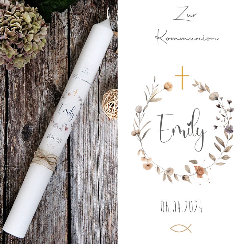 Kommunionkerze Konfirmationkerze Taufkerze Blumen Emily Blätter Pastell Blumenkranz Natur für Mädchen und Jungen, Name und Datum Bild 1