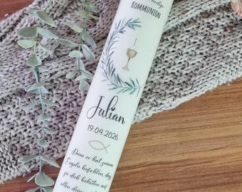Candela per la comunione personalizzata con nome e data | Design eucalipto | Candela moderna per battesimo/comunione per ragazzi | Regalo per la prima comunione