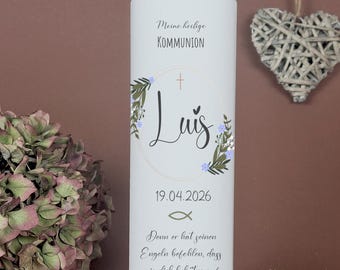 Baptism candle, Communion candle, flowers - Luis - My Baptism, flower wreath, wildflowers, blue and green, for girls and boys, name, date, saying