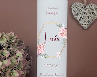 Personalized communion candle for girls – Lenia – Pink Hydrangea & Gold Frame – Saying: You are my friends – Modern First Communion candle