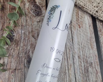 Personalized Communion Candle with Blue Floral Wreath – Christening Candle for Boys with Name & Date – Modern First Communion Candle – Handmade