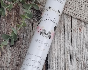 Communion candle with flowers - Giulia - My baptism, flower wreath roses eucalyptus nature for girls, name, date, saying