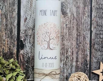 Baptism candle, communion candle, tree of life - "Linus" - beige, natural colors, confirmation candle with name, date and baptism motto