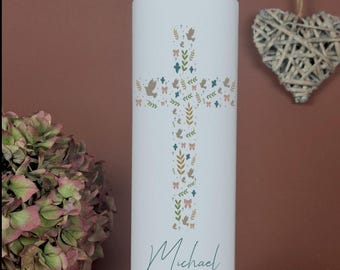 Baptismal candle, communion candle, cross - Michael - My Baptism, blue, natural flowers - for boys, personalized with name and date