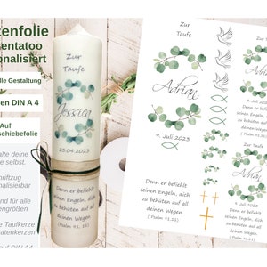 Candle tattoo, candle foil, baptism candle, communion candle, eucalyptus wreath, cross, dove, fish, personalized candle sticker | Waterslide film |