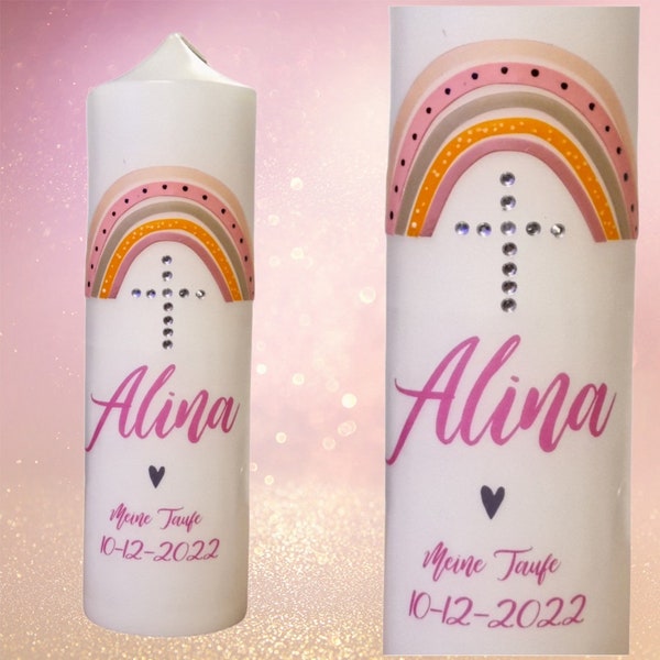 Christening candle for girls, communion candle for girls with rainbow, different sizes, with inscription of name and date