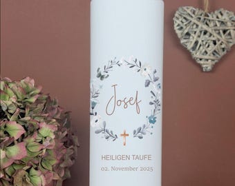 Baptism candle, Communion candle, flowers - Joseph - My Baptism, flower wreath, wildflowers, nature for girls and boys, name, date, saying