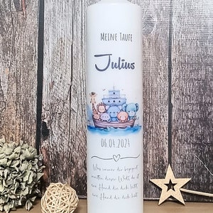 Baptism candle Noah&#39;s Ark &quot;Julius&quot; for girls & boys, personalized with name, date and saying