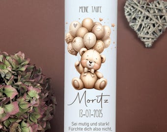 Baptismal candle Bear - Moritz - Personalized baptismal candle for girls and boys, natural colors, with name, date and saying