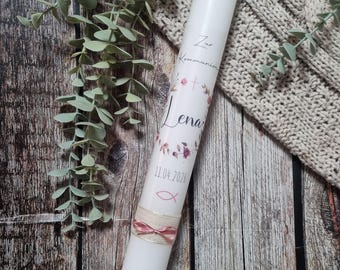 Communion candle, Confirmation candle, Baptismal candle, Flowers - Emily - Leaves, Pink, Dusty Rose, Pastel, Floral Wreath, Nature, for Girls, Name and Date