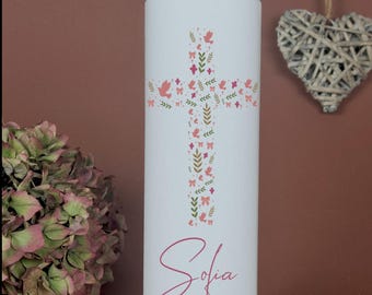 Baptismal Candle Communion Candle Cross - Sofia - My Baptism, Pink, Natural for Girls and Boys, Personalized with Name Date