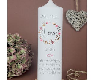 Baptism candle, Communion candle, flowers - Lena - My Baptism, flower wreath, wildflowers, pink, antique rose, natural, for girls, name, date, saying, handmade
