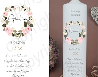 Baptism candle communion candle flowers - Maria- My baptism, flower wreath wildflowers nature for girls and boys, name date saying