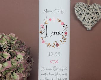 Communion candle Confirmation candle Baptism candle Flowers - Emily - Leaves Pastel Flower wreath Nature for girls and boys, name and date