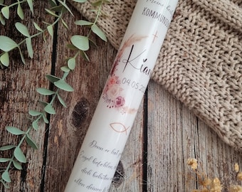 Communion candle with floral wreath, boho style "Kiana" - pastel leaves, natural floral wreath for girls | Confirmation candle | Personalized christening candle