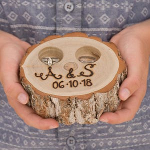 Rustic Ring Box Tree Stump Slice Ring Bearer Pillow Box Initials and Date Ring Pillow Alternative Engraved by Hand Personalized image 1