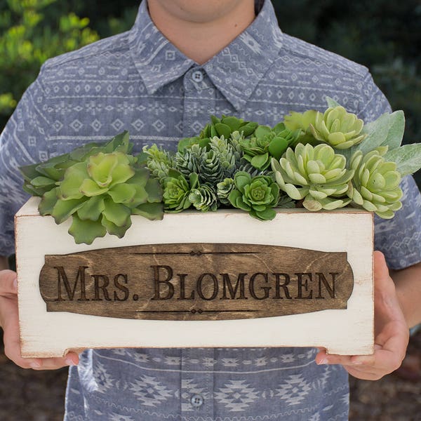 Personalized Vintage Style Wood Planter Box - Teacher Name