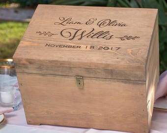 Personalized Wood Wedding Card Chest - Name with Date and Wreath Design