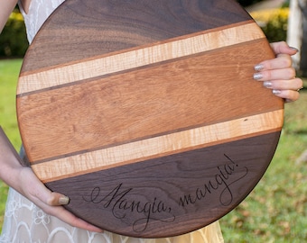 Hardwood Cutting Board with Custom Text - Personalized Large Round Chopping Block - Cheese Board