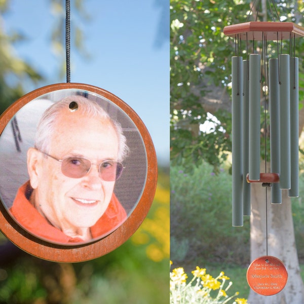 Memorial Wind Chimes | Personalized Name and Photo | Red Wood and Green Metal