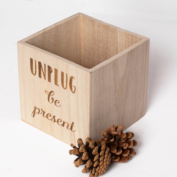 Unplug Be Present Phone Box Crate - Wood Cell Phone Holder