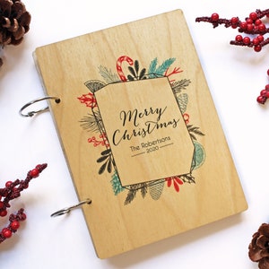 Texte fait sur commande personnalisé par gardien de carte de Noël | Album photo à 2 anneaux | Couverture en bois